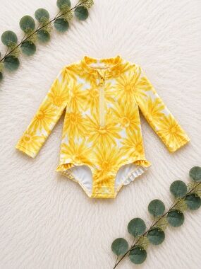Baby Girl Yellow Floral Long-Sleeve One-Piece Swimsuit